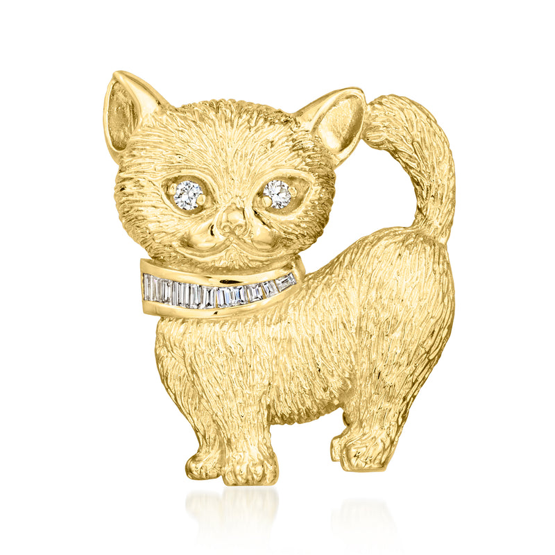 Vintage cat lapel pin in yellow gold with diamond eyes and clear stone collar
