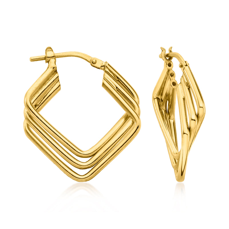 Gold over sterling hoop earrings with triple interlocking square shapes