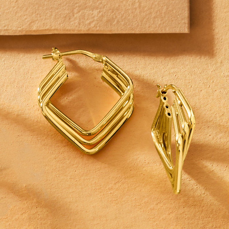 Geometric gold hoop earrings with three layered square bands