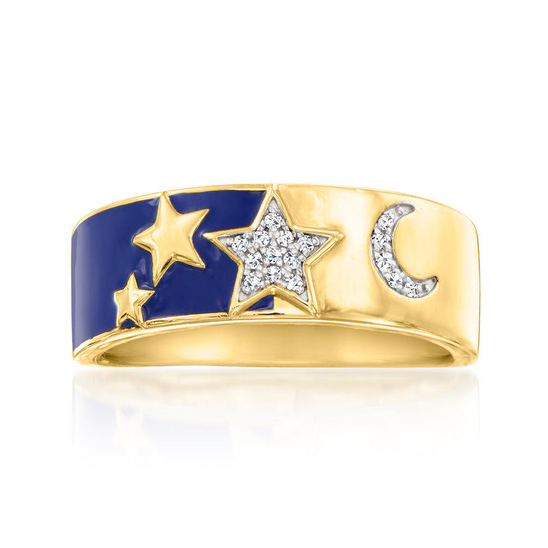 Gold ring with blue enamel stars, diamond center, crescent moon detail