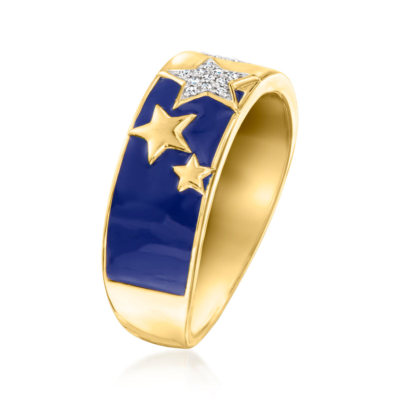 Gold bezel ring with blue enamel panel, star and diamond inlays