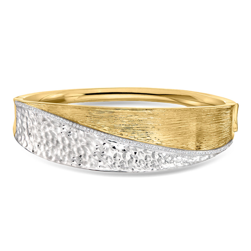 Two-tone bangle bracelet with textured sterling-silver band and gold-tone top edge