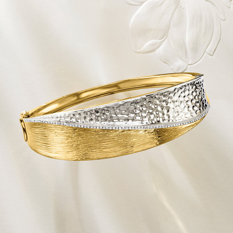 Gold-tone and sterling-silver textured bangle bracelet with hinge clasp detail