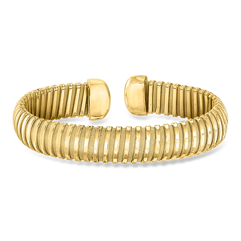 Yellow gold-plated tubogas cuff bracelet with rounded end caps and ribbed texture
