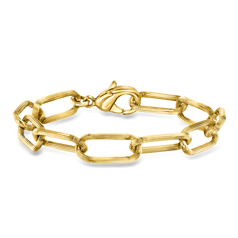 Gold-plated paper clip link bracelet with smooth oval links and hinged clasp