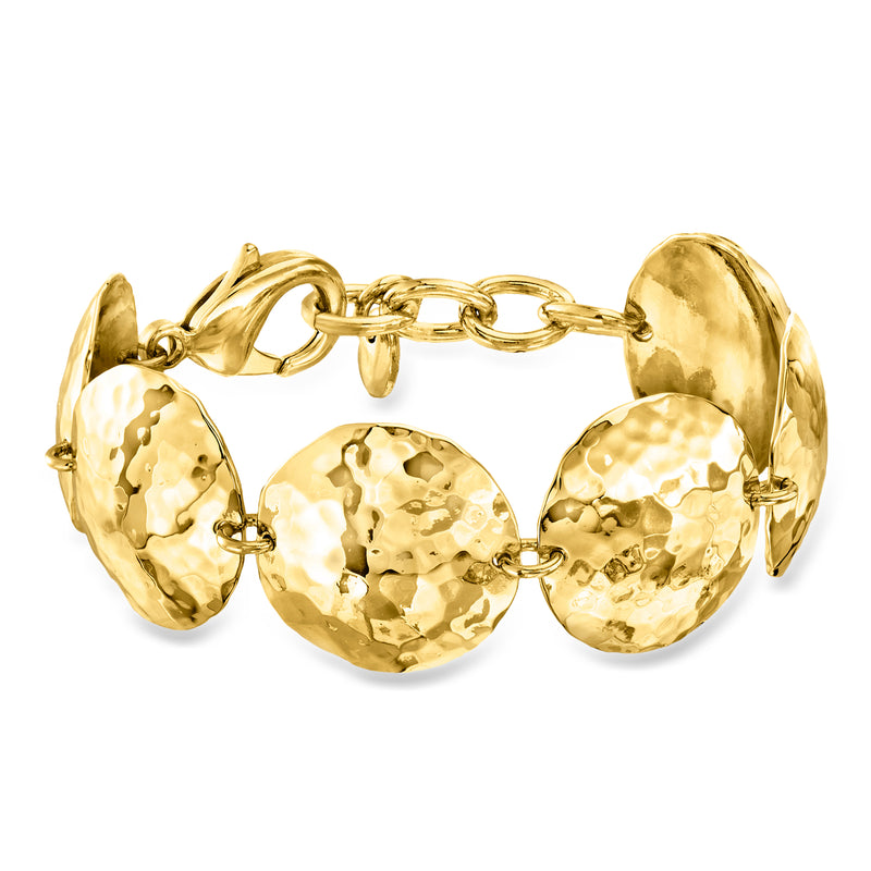 Hammered disc-link bracelet in yellow gold-plated finish with oval chain links