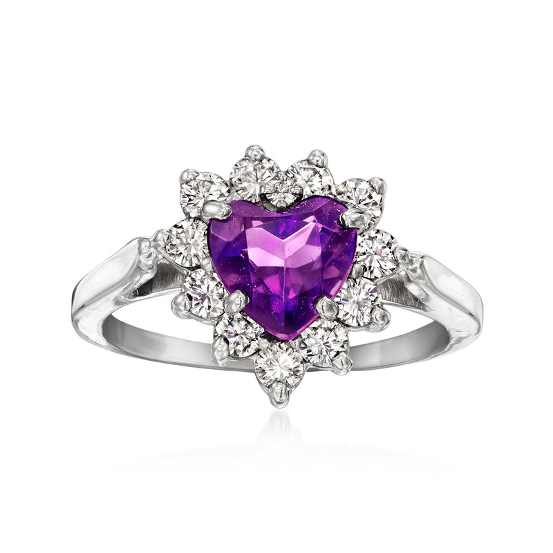Heart-cut amethyst and diamond halo ring in white gold, prong-set