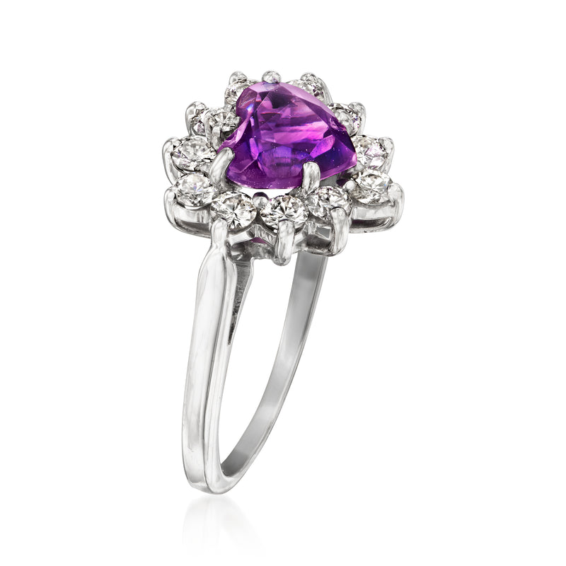White gold heart-cut amethyst ring with diamond halo, side view