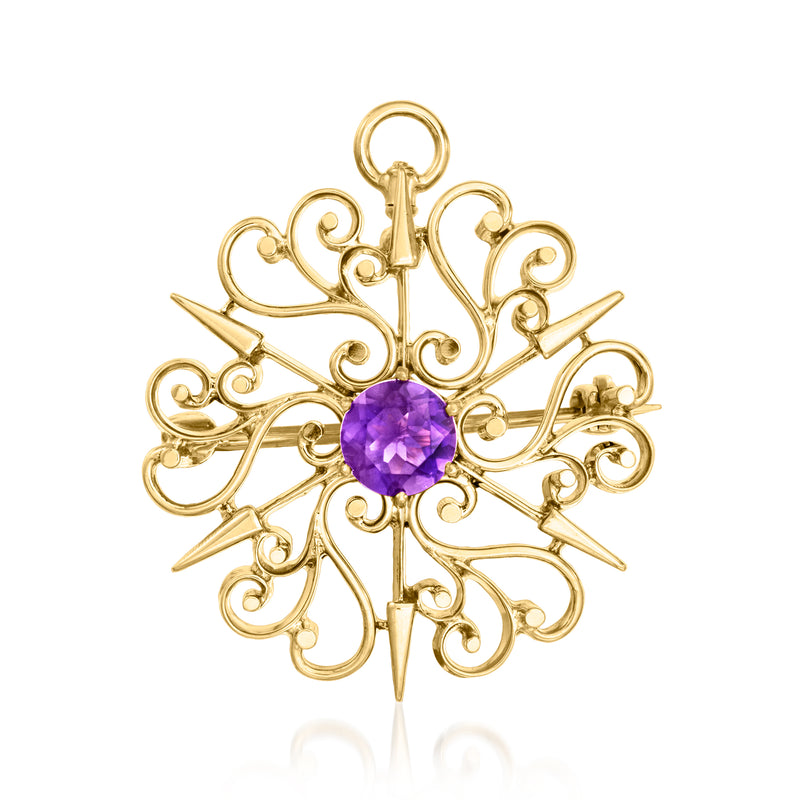 Vintage amethyst swirl pin/pendant in 14kt yellow gold with purple round center stone