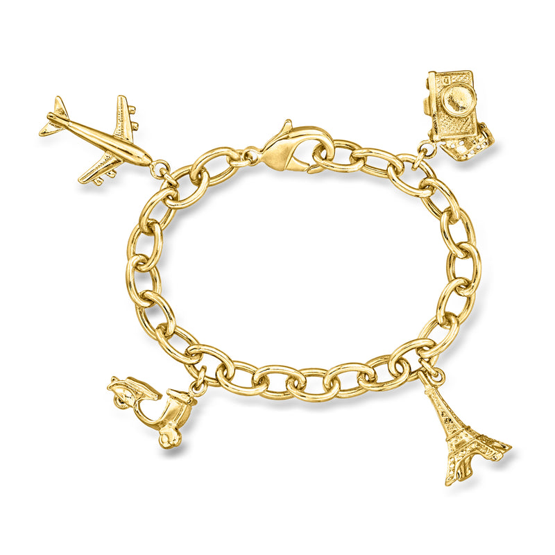 Yellow gold-plated travel charm bracelet with plane, Eiffel Tower, and monument charms