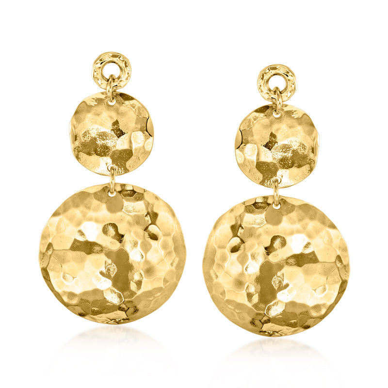 Gold-plated hammered disc drop earrings with two round textured discs