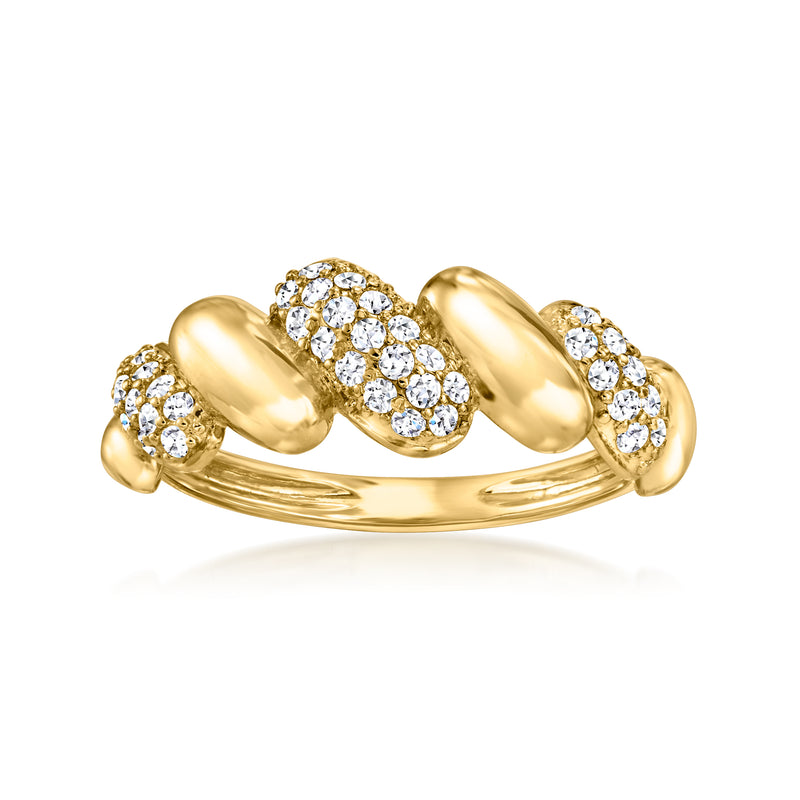 Gold wave puffy diamond cluster ring with round stones, 18kt gold over sterling