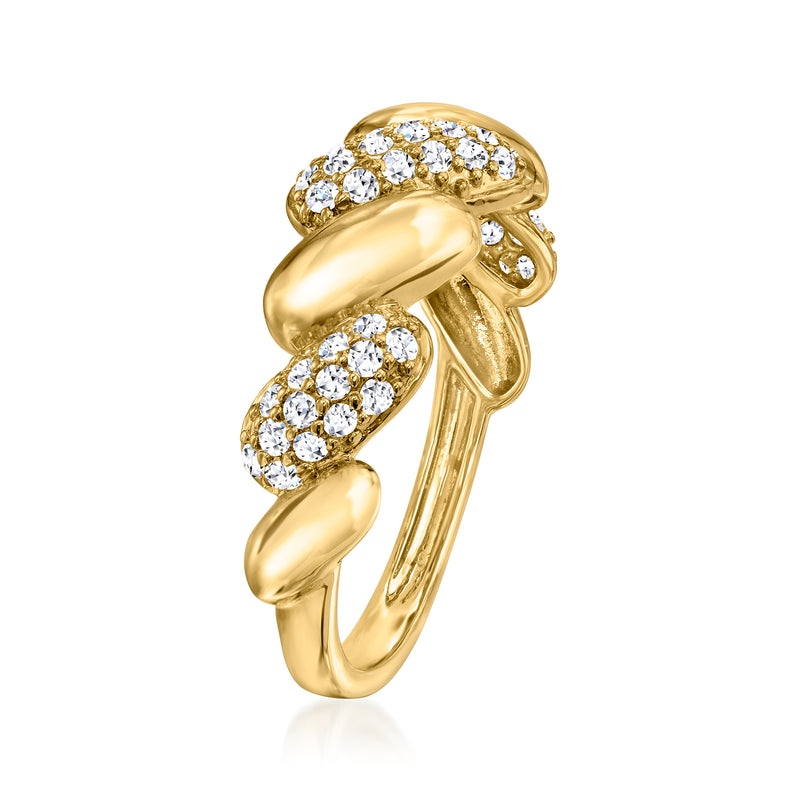 Gold wave ring with round diamond clusters, puffy bands, 18kt gold over sterling
