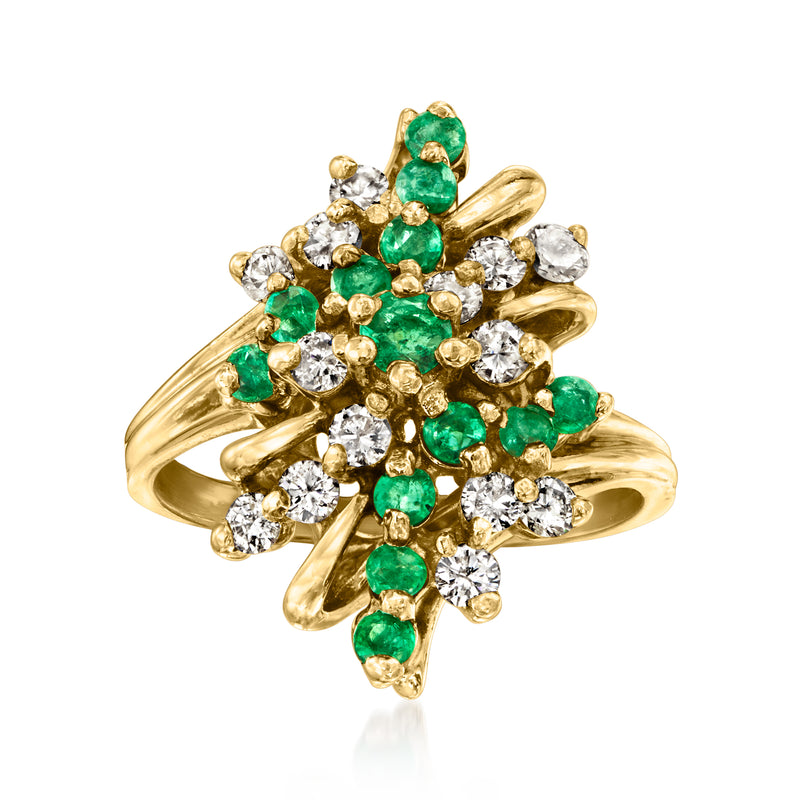 Vintage yellow gold ring with green emerald cluster and round white diamond accents