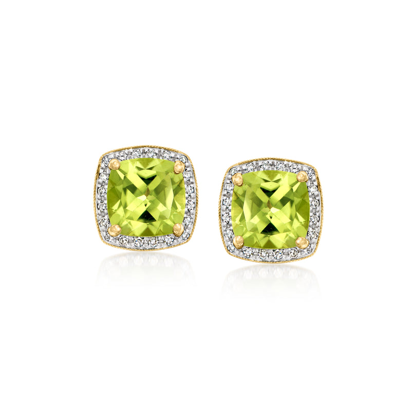 Peridot and diamond stud earrings in 14k yellow gold with square halo