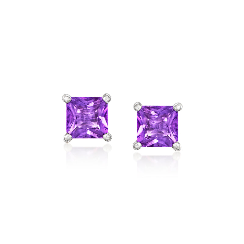 Vintage amethyst stud earrings, square purple gemstones in 14kt white gold posts