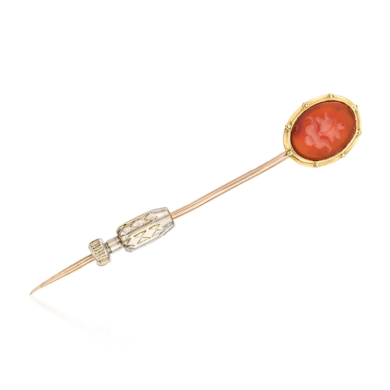 Vintage rose gold stick pin with round red carnelian floral intaglio stone