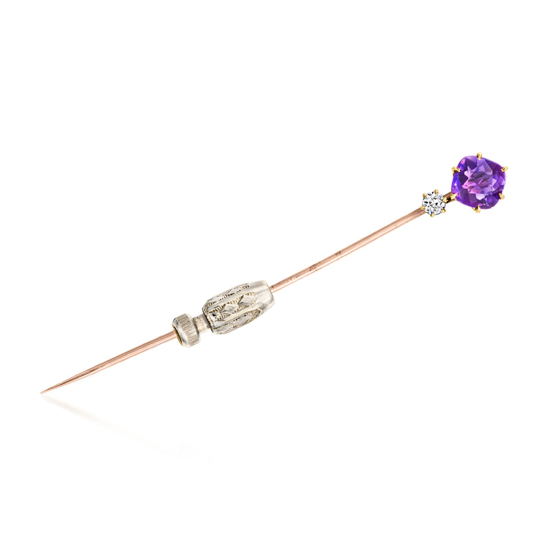 Rose gold vintage stick pin with round amethyst and small diamond accents