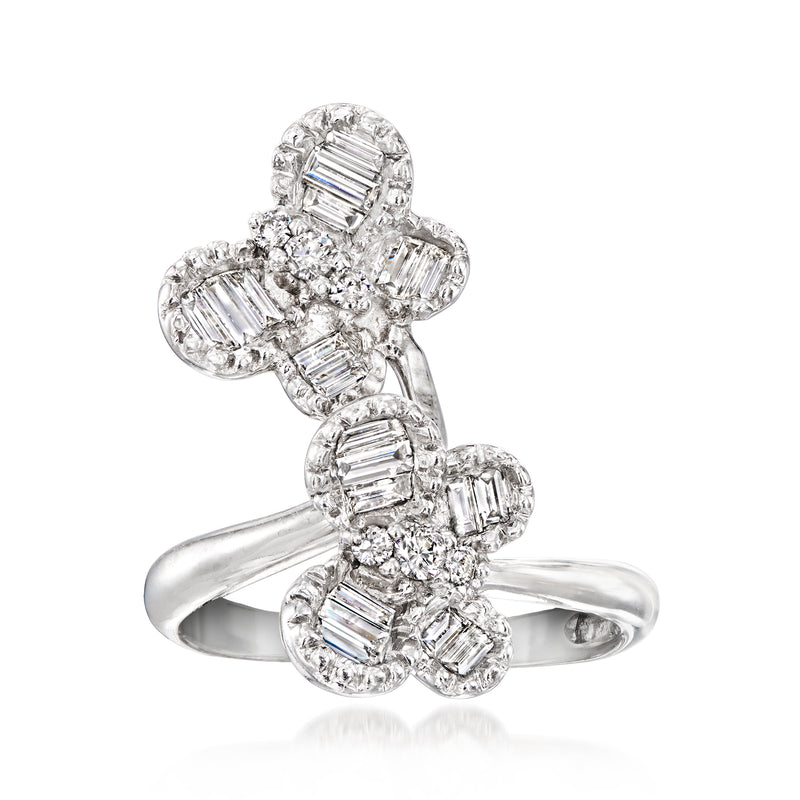 18kt white gold diamond butterfly ring with baguette and round stones