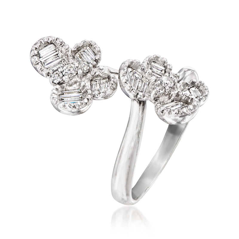 Diamond butterfly ring in 18kt white gold, open band with clustered baguette stones