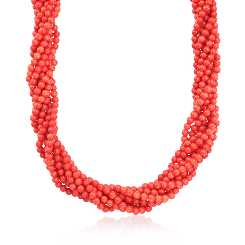 Coral bead torsade necklace with gold two-tone clasp, 4.5–5mm beads