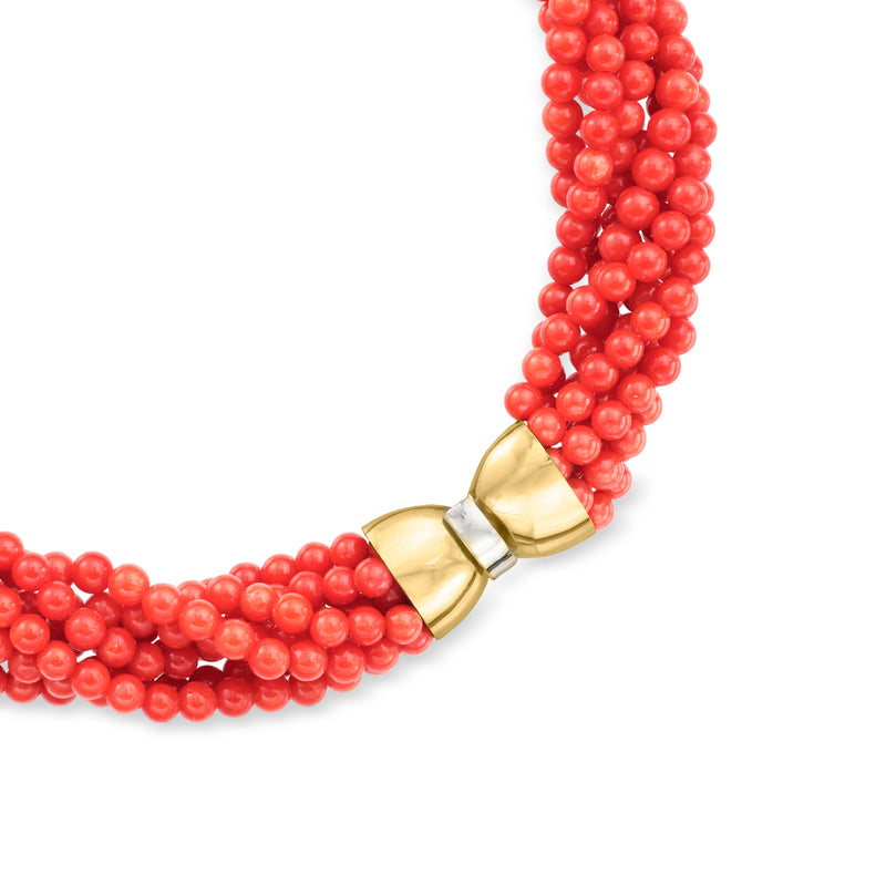Coral bead torsade necklace with two-tone gold clasp ends and rounded bead strands