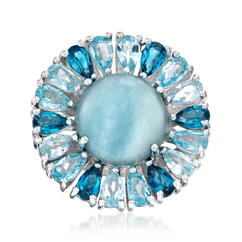 Sterling silver ring with milky blue oval center stone and round blue gemstone halo