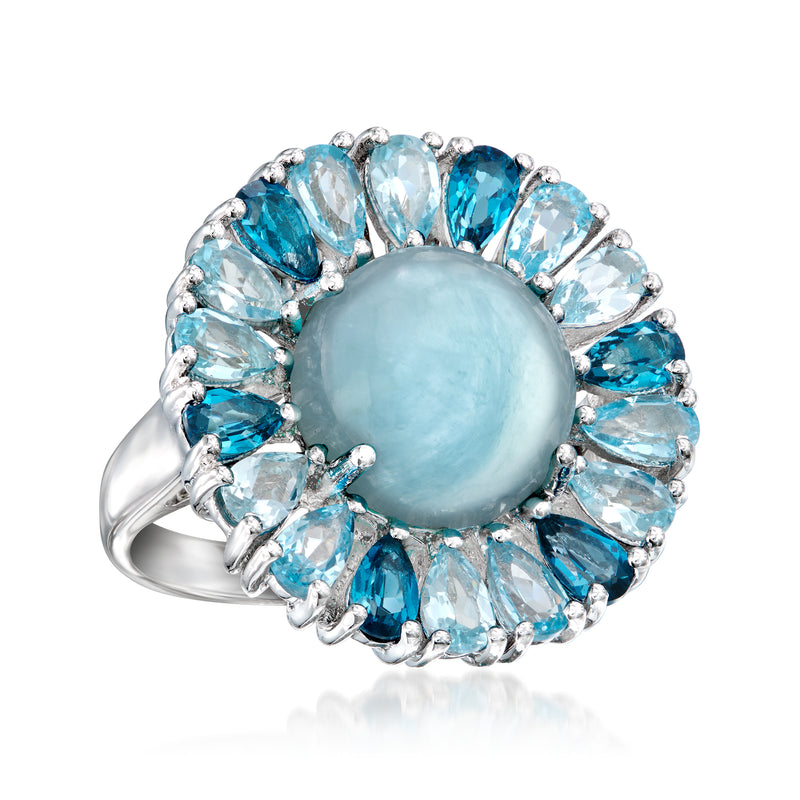 Sterling silver ring with large milky blue oval center and oval blue side stones halo
