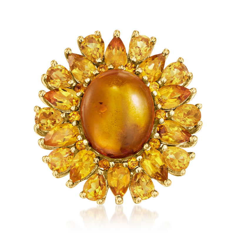 Amber cabochon citrine ring with oval center, yellow halo, gold over sterling