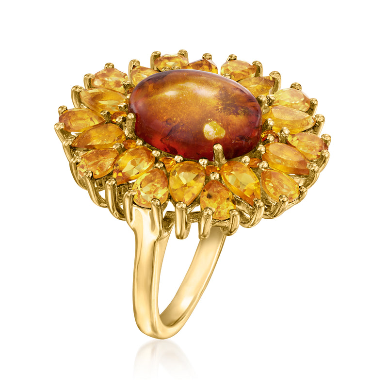 Amber cabochon citrine ring with yellow halo, shown from side in gold over sterling
