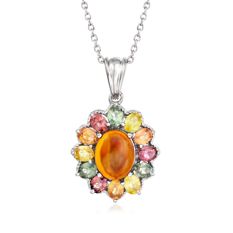 Sterling silver pendant necklace with oval amber center and multicolor sapphire halo