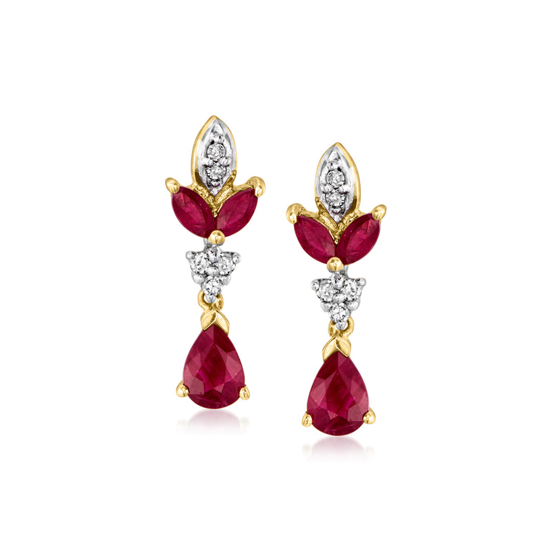 14kt yellow gold ruby and diamond drop earrings with red teardrop stones