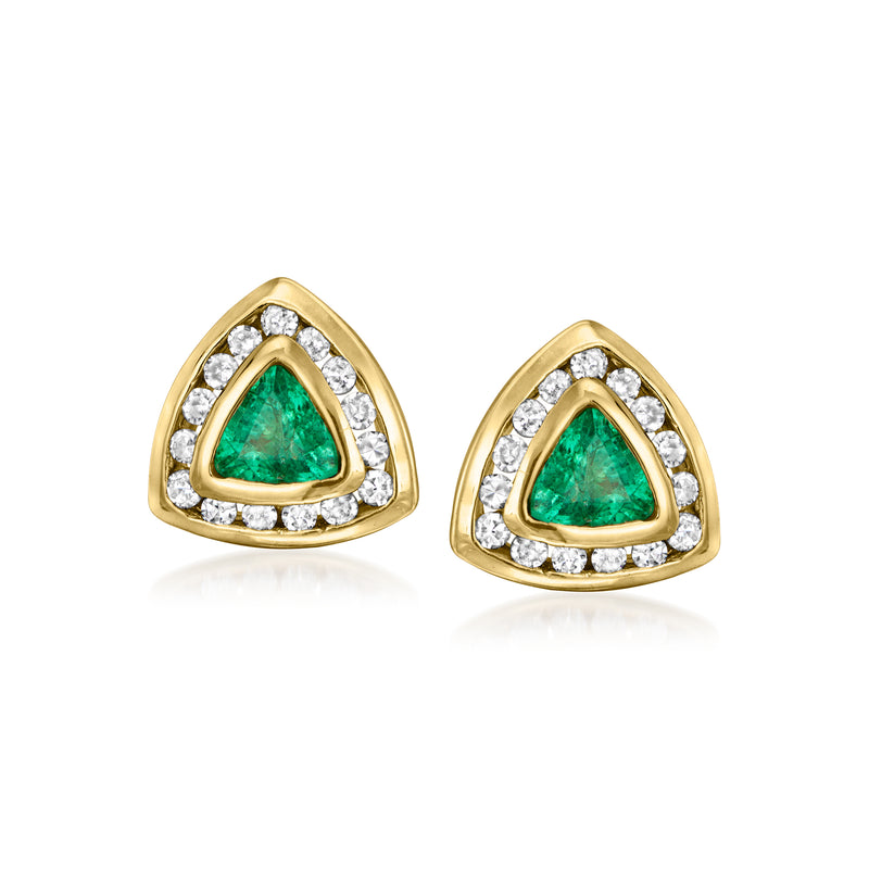 Vintage 14kt yellow gold triangle stud earrings with green emerald center and diamond halo
