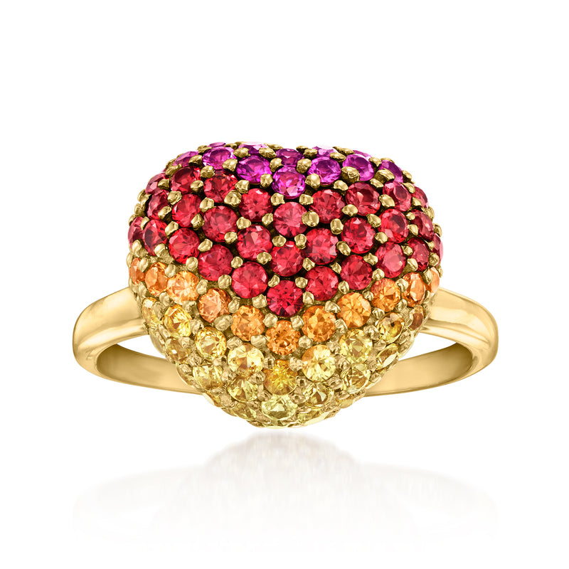 14kt yellow gold heart ring with multicolored sapphire stones in pink, red, and gold