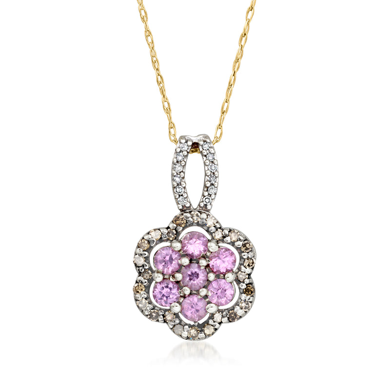 10kt yellow gold pendant necklace with flower design, pink and white gemstones in diamond halo
