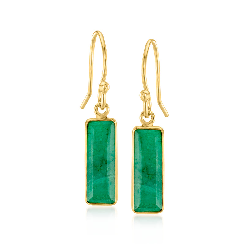 Gold drop earrings with rectangular green gemstone and gold earwire
