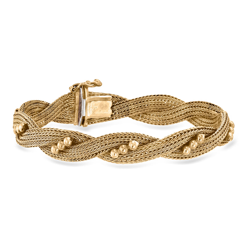 Twisted 18kt yellow gold mesh bracelet with box clasp and chain details
