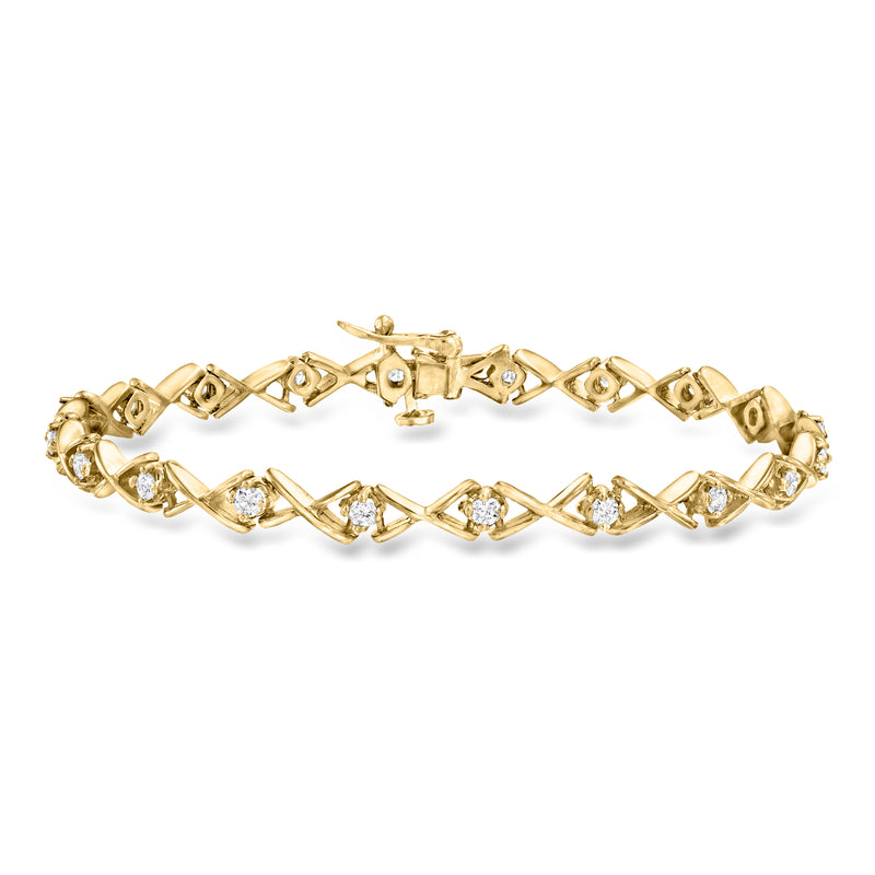 14kt yellow gold crisscross-link diamond tennis bracelet with round-cut stones