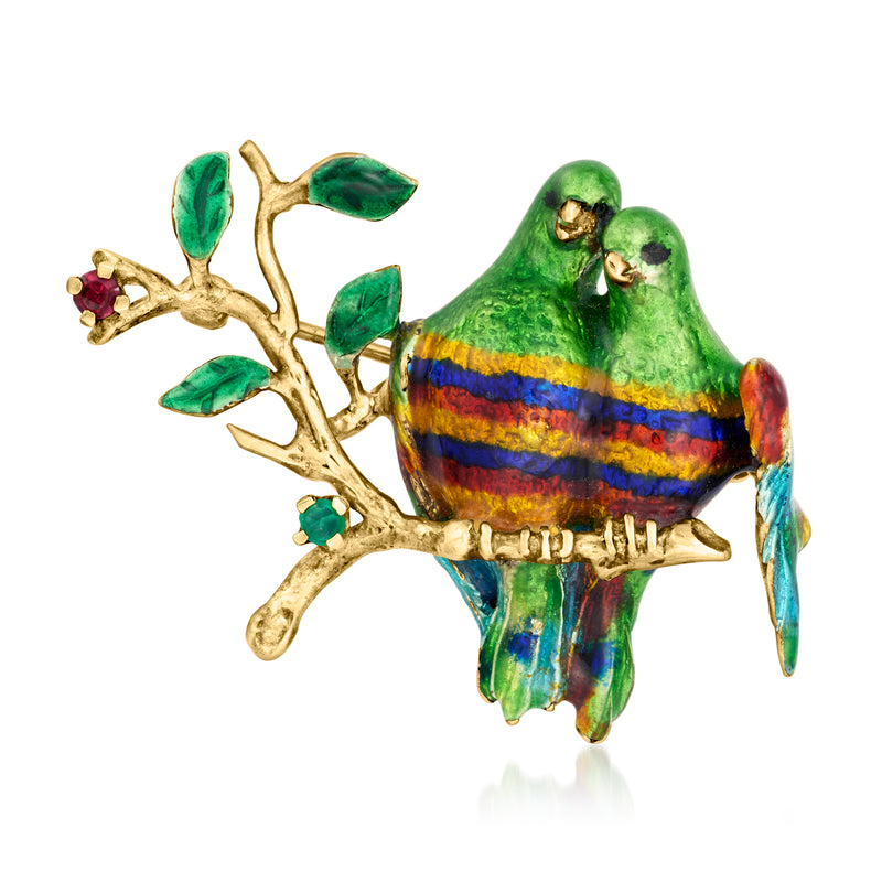 Vintage enamel love birds pin on gold-tone branch with green leaves, rainbow band details
