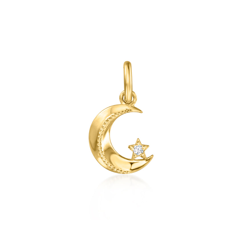 Yellow gold crescent moon and star charm with small diamond on loop bail