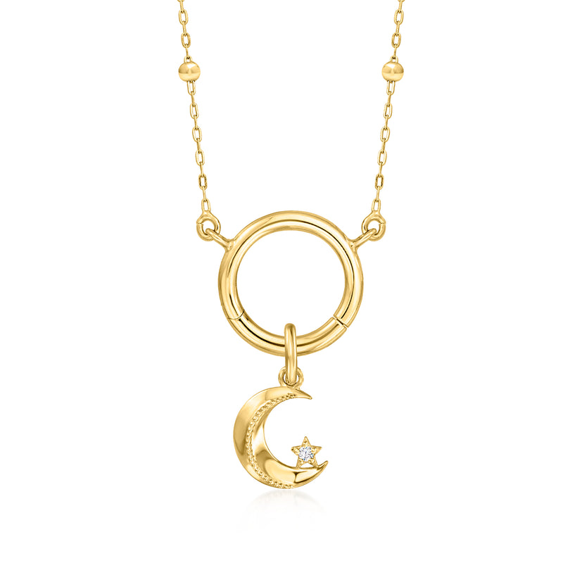 Yellow gold necklace with crescent moon and star charm pendant on chain