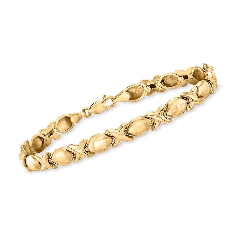 10kt yellow gold XO bracelet with linked oval and bar charms, hinged clasp
