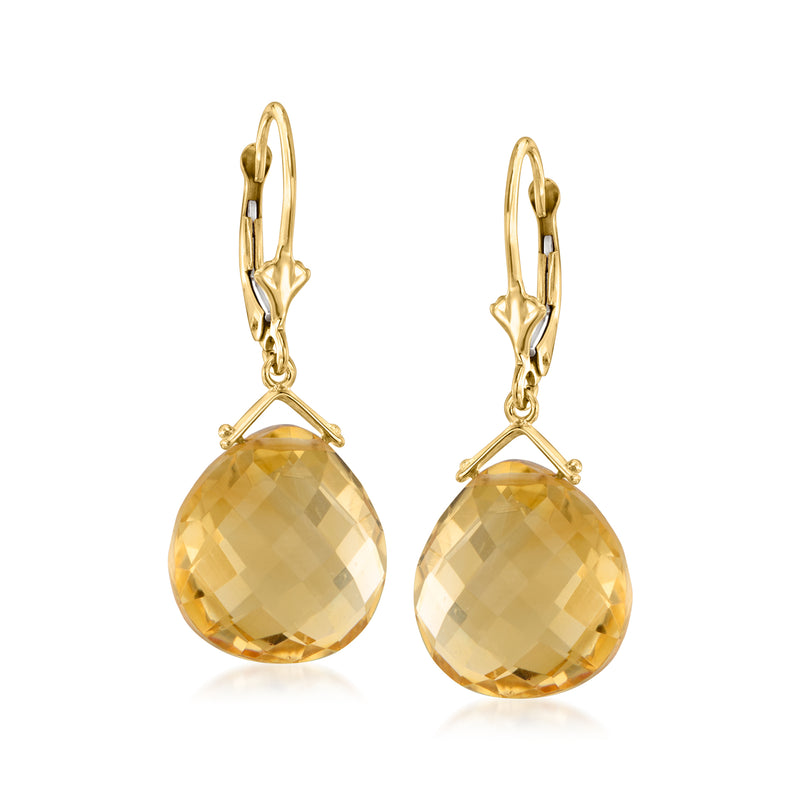 14kt yellow gold citrine drop leverback earrings with faceted teardrop gems
