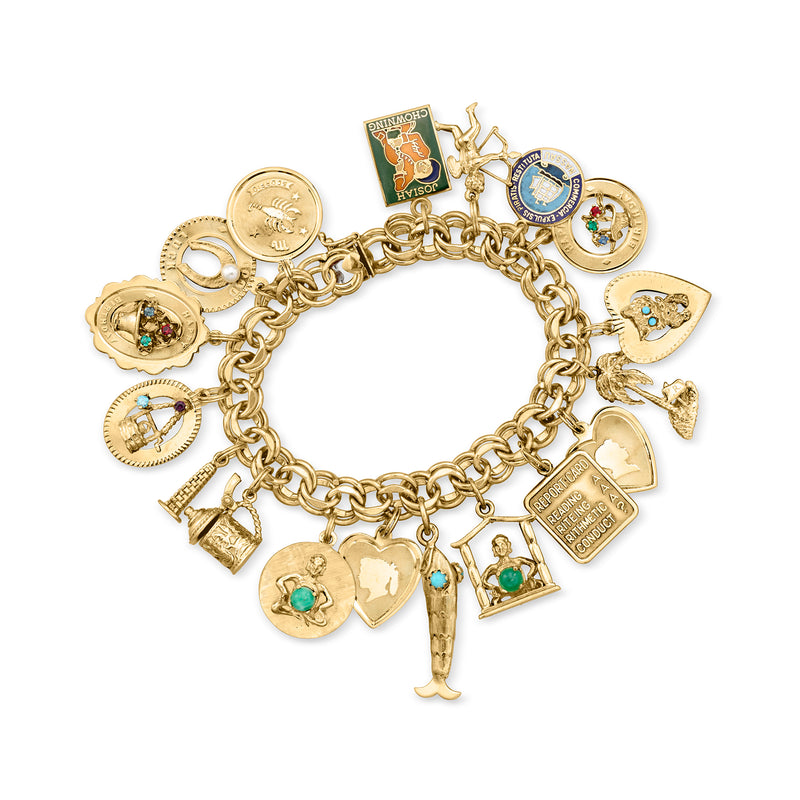 Vintage yellow gold charm bracelet with multi-gemstone and enamel charms, link chain