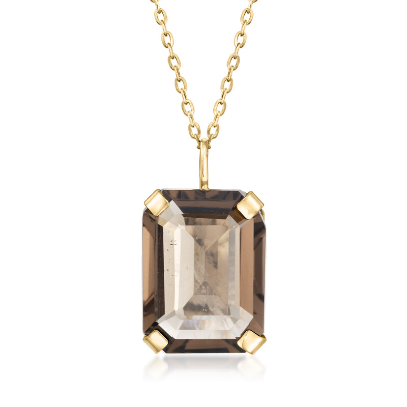 14kt yellow gold smoky quartz pendant necklace, rectangular cushion-cut gemstone, prong set