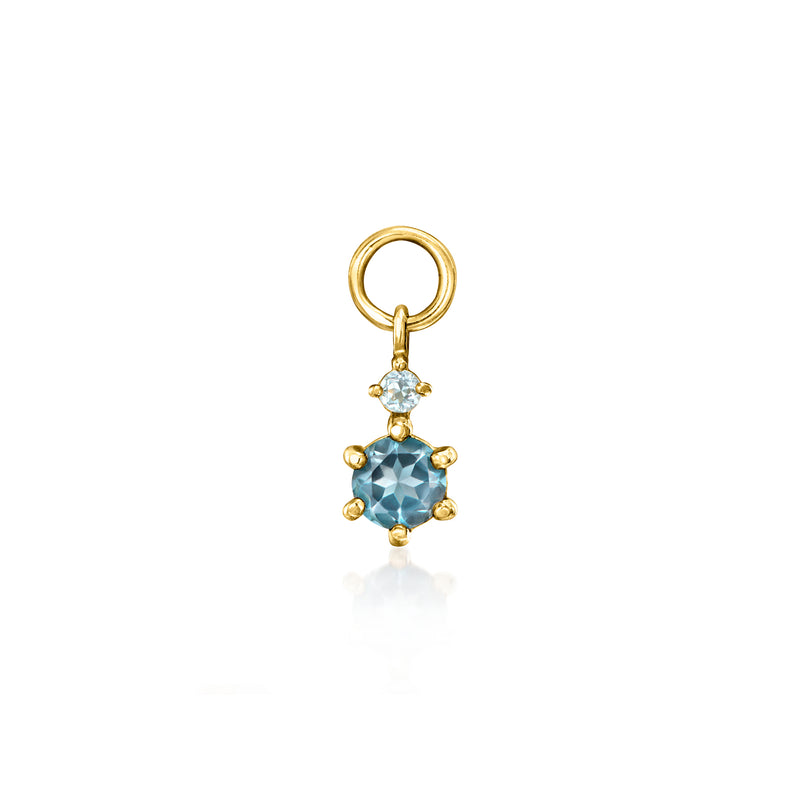 14kt yellow gold hoop charm with sky blue topaz cluster, small dangling stones