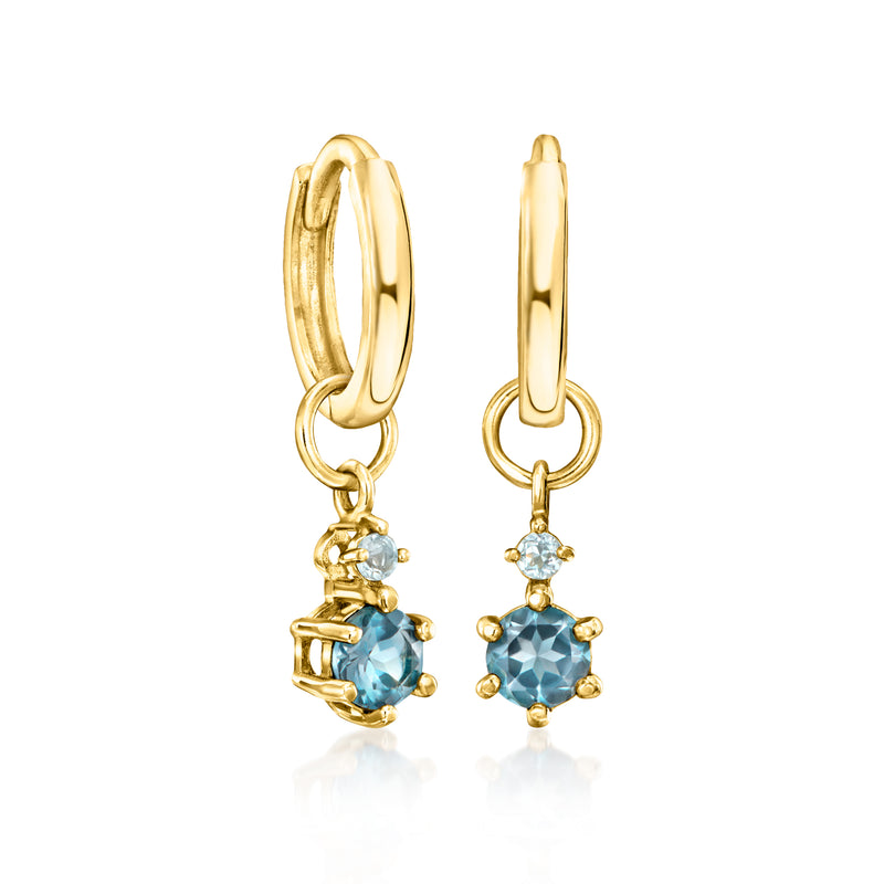 14kt yellow gold hoop charm pair, side view with sky blue topaz round cluster