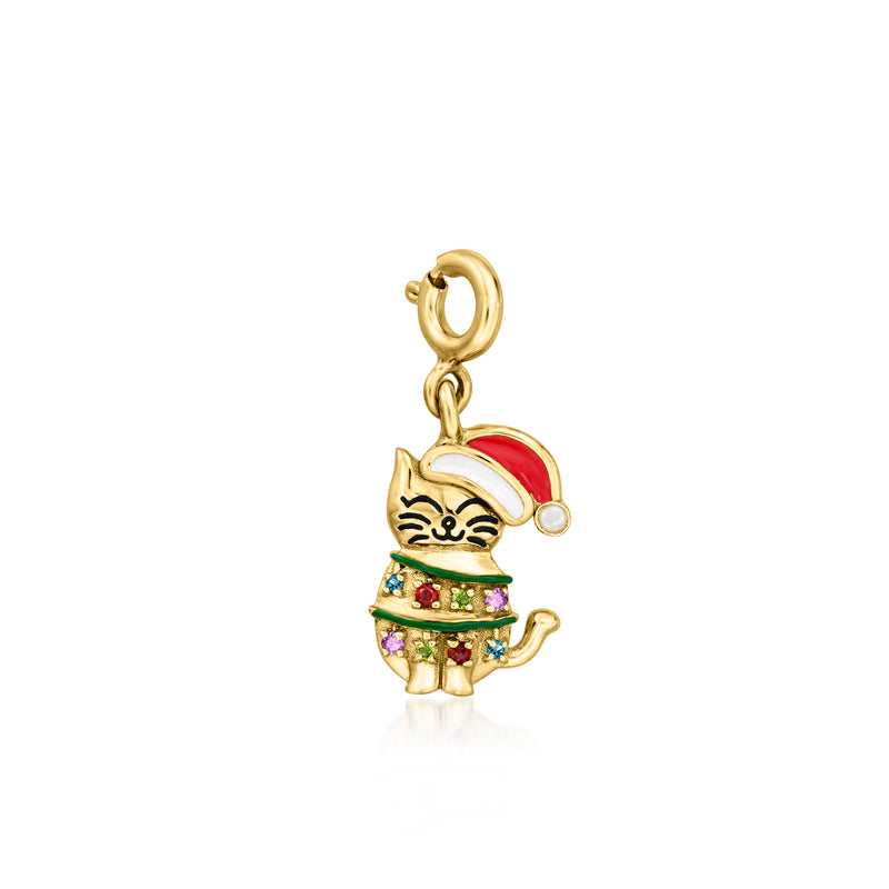 Gold-tone enamel cat charm with red Santa hat, multicolor gems, and pearl trim