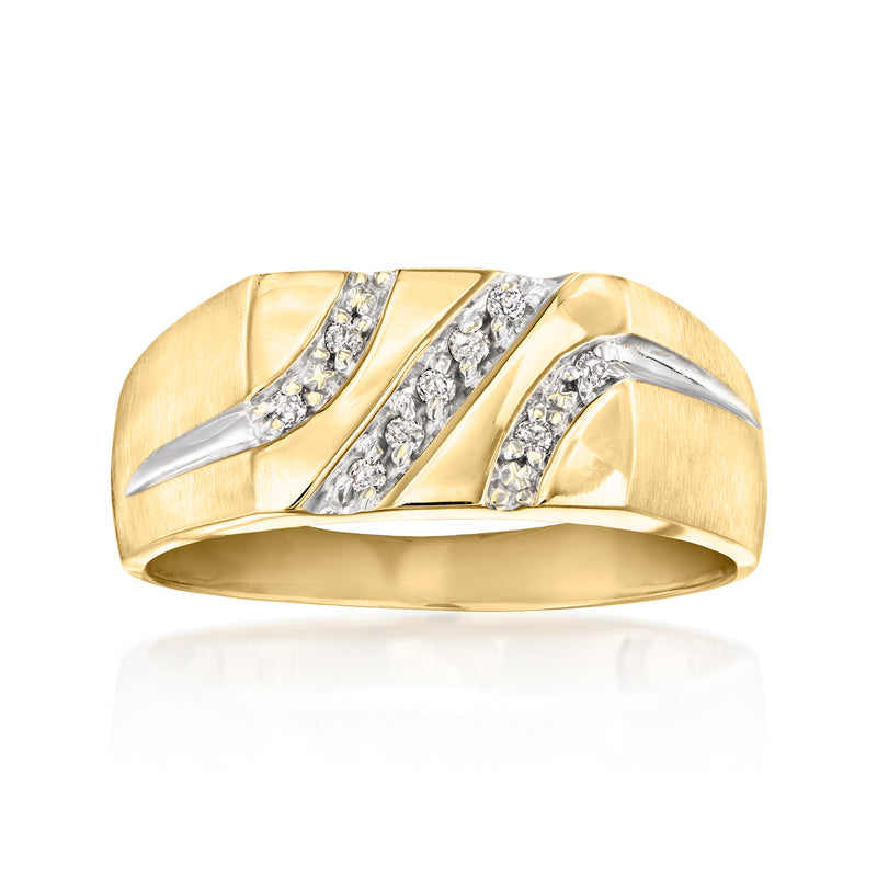 Two-tone gold diamond ring with diagonal white-metal bands and channel-set stones