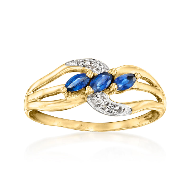 14kt yellow gold sapphire and diamond ring with three blue oval stones and white accents